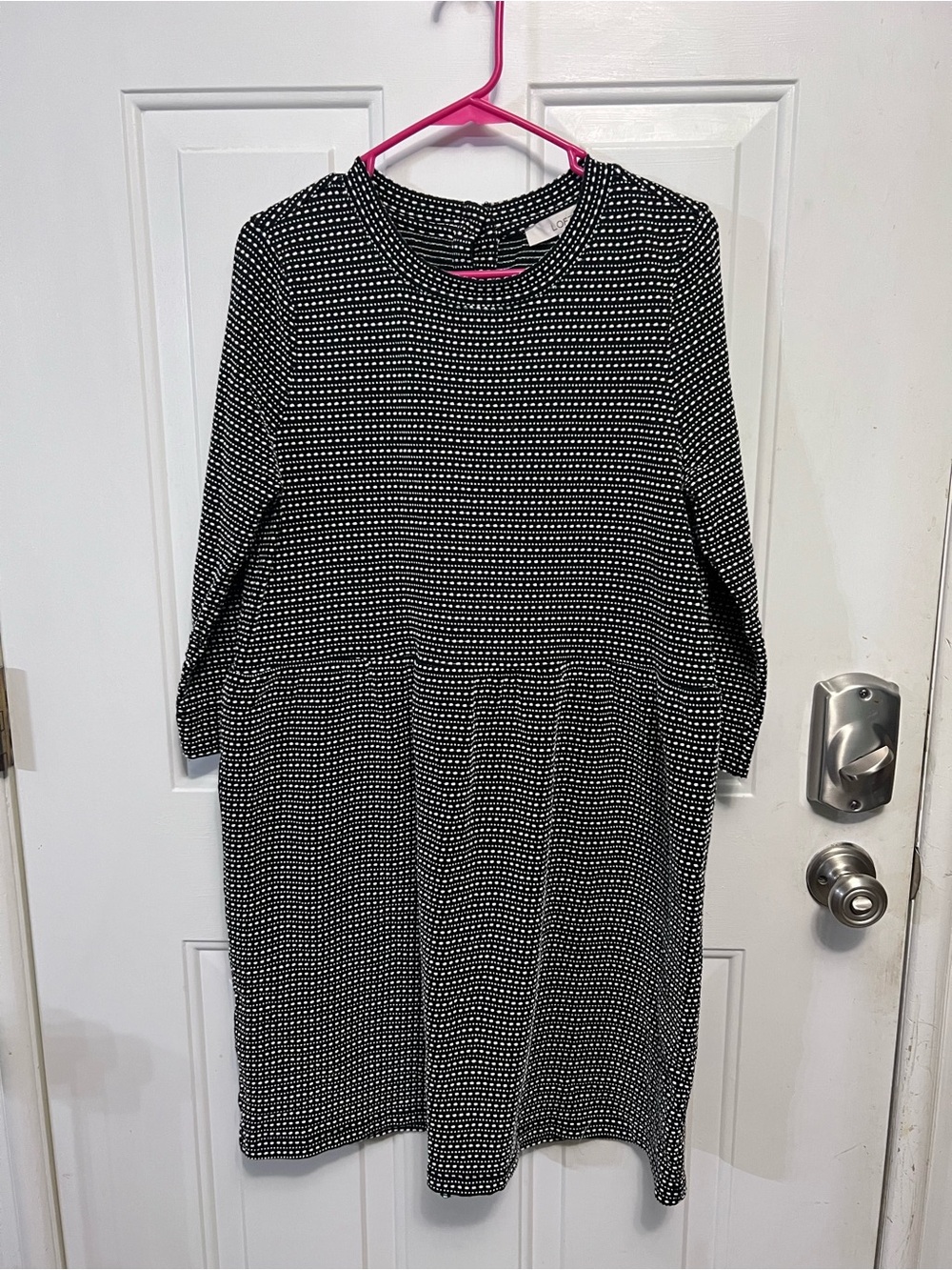 LOFT Textured Button Back Swing Dress Black White Dotted Stripe Long Sleeve L